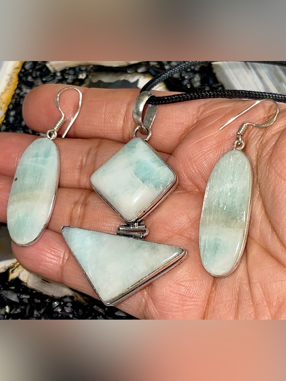 Blue Green Hemimorphite Pendant & Earrings